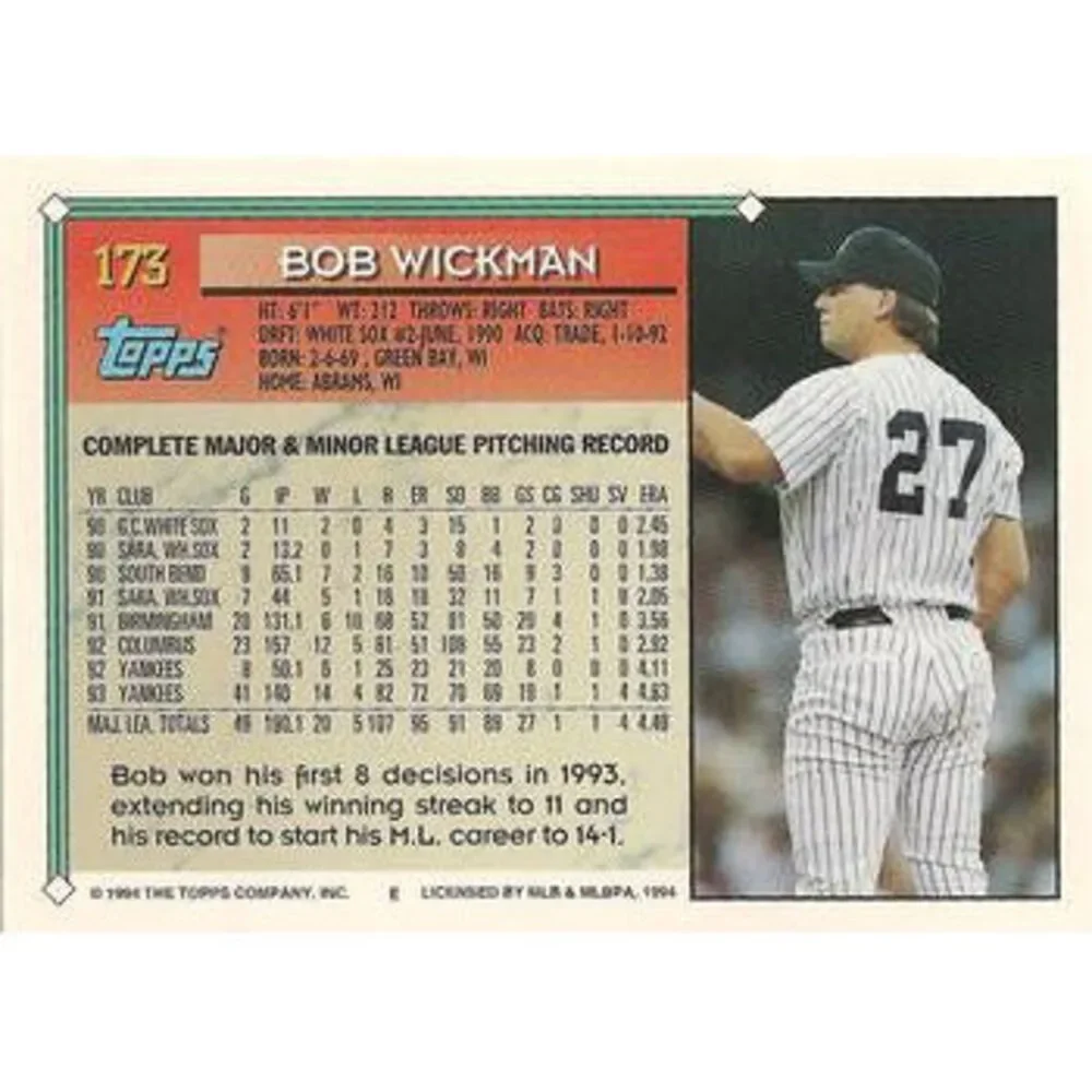 1994 Topps Bob Wickman # 173 New York Yankees